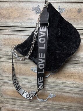 Quilted Koala Large Citi Bag Black Velvet Bag with Silver Chain and Love Strap